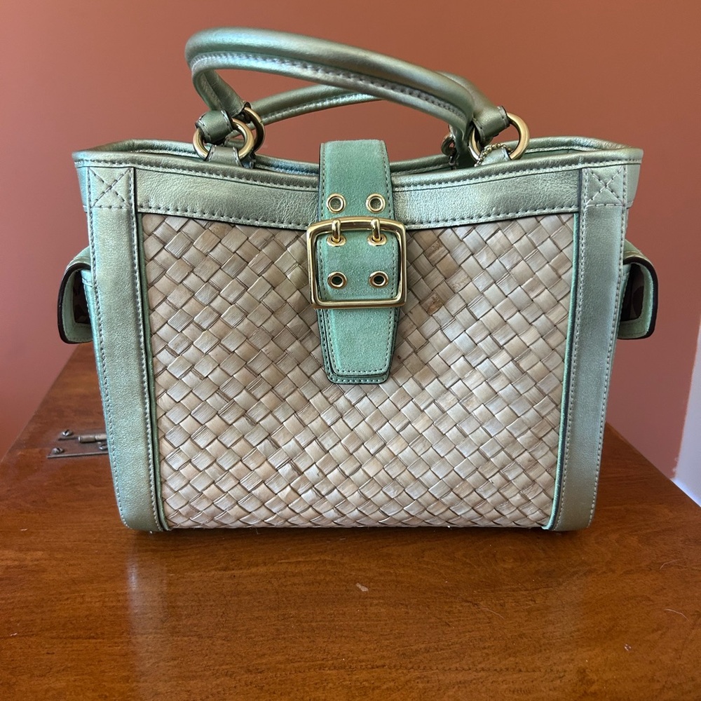 COACH limited edition tan and green straw leather satchel purse